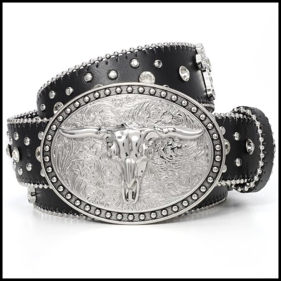Punk Western Belt Rhinestone Bull Buckle PU Leather Wide Style Unisex main image 4